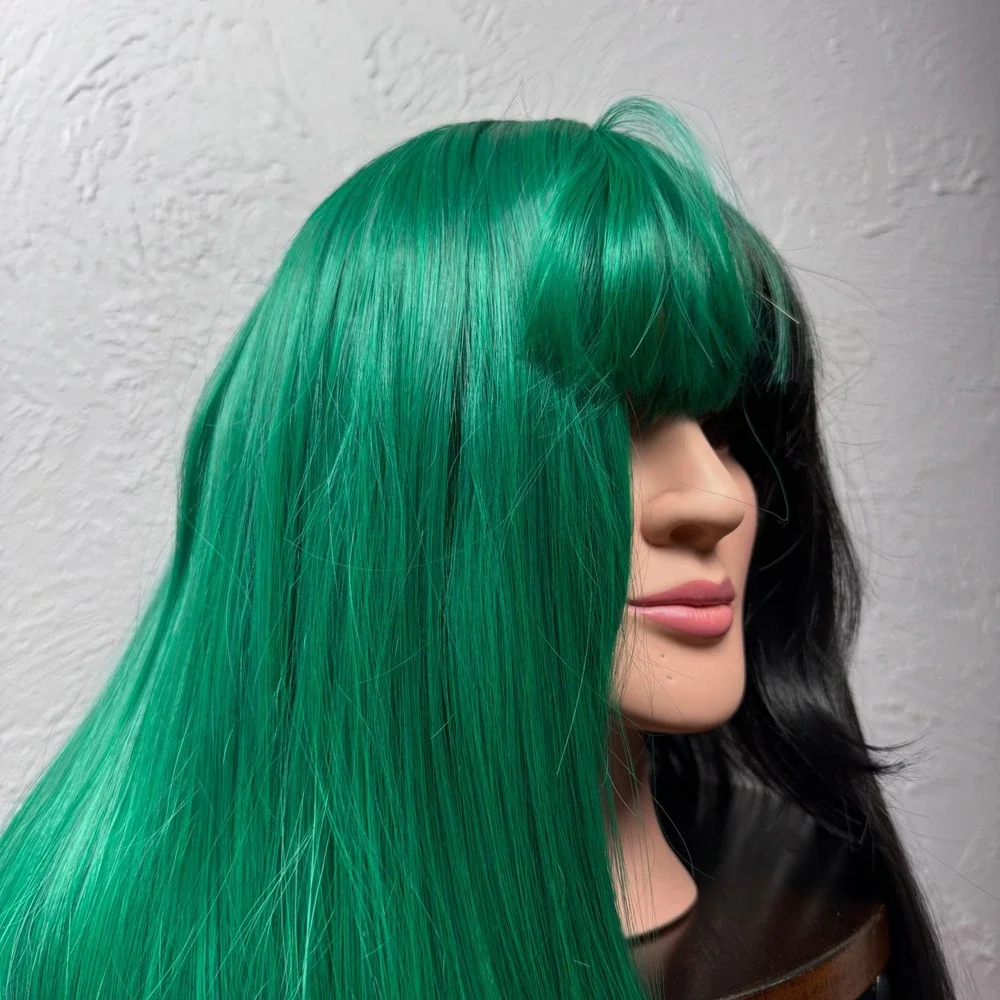 Split Dye Half Green Half Black Long Straight Wig with Bangs 27